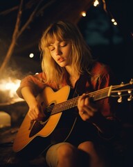 Fototapeta na wymiar woman with guitar by a campfire