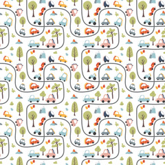 Cute Dino Cars Seamless Pattern, Childish Cartoon background, vector Illustration