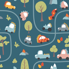 Cute Dino Cars Seamless Pattern, Childish Cartoon background, vector Illustration