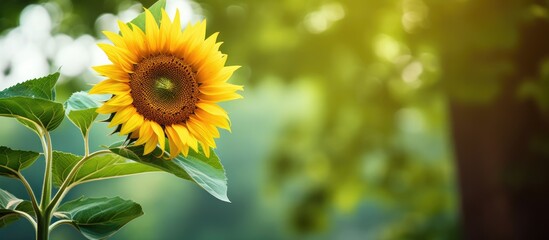 Obraz premium In the summer garden, amidst the vibrant green leaves and colorful blooms, a sunflower stood tall, radiating its natural beauty with its bright yellow petals and attracting attention from all who