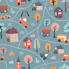 Fototapeta na wymiar Cute city map Seamless Pattern, Cartoon town landscape background, vector Illustration.