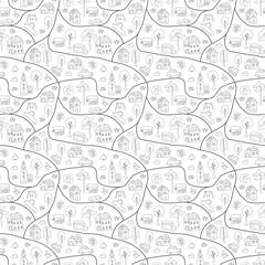 Cute city map Seamless Pattern, Cartoon town landscape background, vector Illustration.