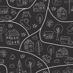 Cute city map Seamless Pattern, Cartoon town landscape background, vector Illustration.