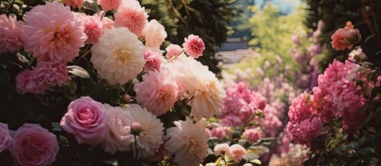 In the vintage garden, amidst the blooming flowers and lush green leaves, a beautiful pink floral arrangement captivated the eyes of all, exuding natural beauty in the summer sun.