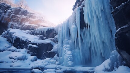  a frozen waterfall with snow on the rocks and water running down the side of it, with a bright blue sky in the background.
