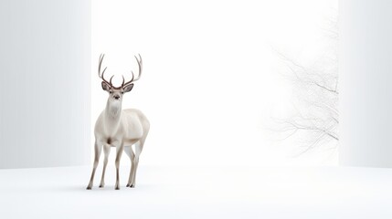  a couple of deer standing next to each other on top of a snow covered ground in front of a white wall.