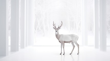  a white deer standing in the middle of a room with tall white columns and trees in the background in the snow.