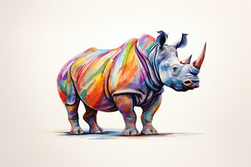 Obraz premium Abstract watercolor illustration of powerful adult multi colored full length rhinoceros with big strong horn isolated on clean white background