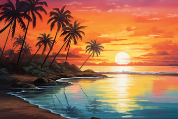 Fototapeta na wymiar Landscape on the empty ocean shore, sunset on tropical beach with palm trees, featuring warm oranges and yellows reflecting on the tranquil waters, idyllic sense of peace and relaxation