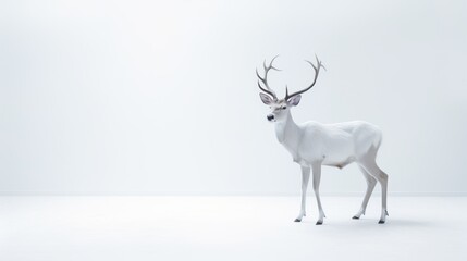  a white deer standing in the middle of a room with a white wall behind it and a white wall behind it.