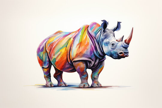 Abstract watercolor illustration of powerful adult multi colored full length rhinoceros with big strong horn isolated on clean white background