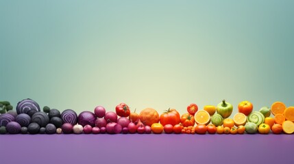  a variety of fruits and vegetables are arranged in a row on a purple surface with a light blue back ground.