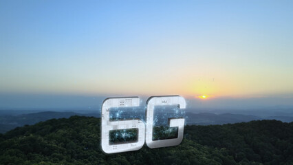 Futuristic concept of 6G hi speed frequency bands technology over blue sky at sunset. Graphic