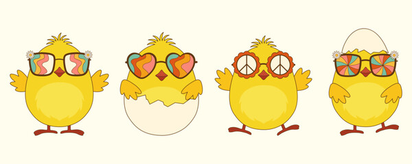 Vector collection of groovy easter chicks. Trendy retro 60s, 70s.Vector illustration for design or print - obrazy, fototapety, plakaty