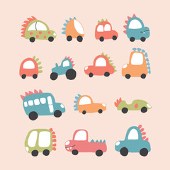 Obraz premium Cute Dino Cars collection, Cartoon dinosaur style transport set, vector Illustration