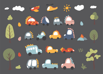 Cute Dino Cars collection, Cartoon dinosaur style transport set, vector Illustration