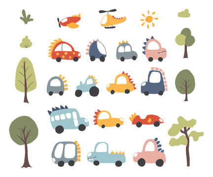 Cute Dino Cars collection, Cartoon dinosaur style transport set, vector Illustration