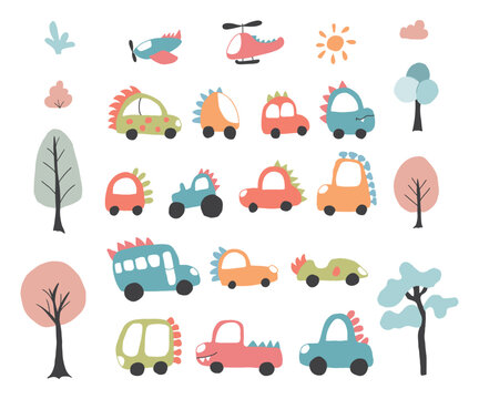 Cute Dino Cars collection, Cartoon dinosaur style transport set, vector Illustration