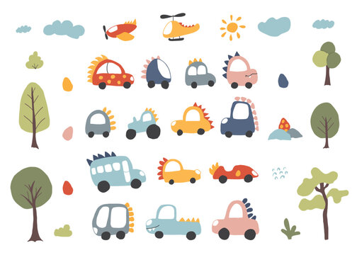 Cute Dino Cars collection, Cartoon dinosaur style transport set, vector Illustration