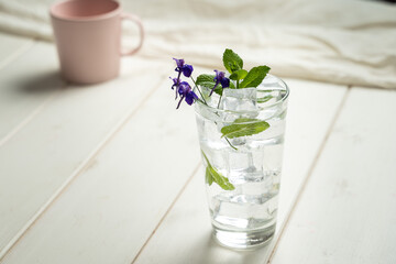 simple refreshing mint water lime drink - obrazy, fototapety, plakaty