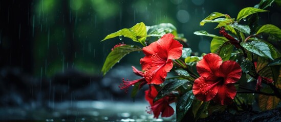 Obraz na płótnie Canvas In the lush, green garden, a tropical plant with vibrant red flowers stood tall, its textured petals glistening with rainwater, showcasing nature's unparalleled beauty in this stunning summer