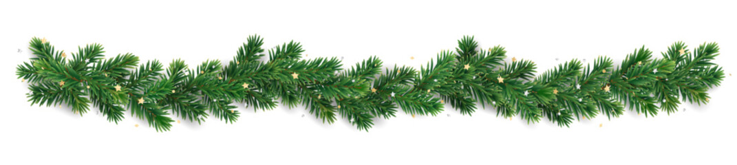 Christmas tree garland on transparent background. Holiday fir tree decoration, festive Christmas divider. Winter season frame, realistic spruce branch with golden confetti. Vector.