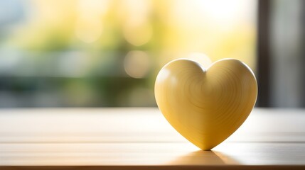 Close up of a light yellow Heart on a wooden Table. Blurred Background