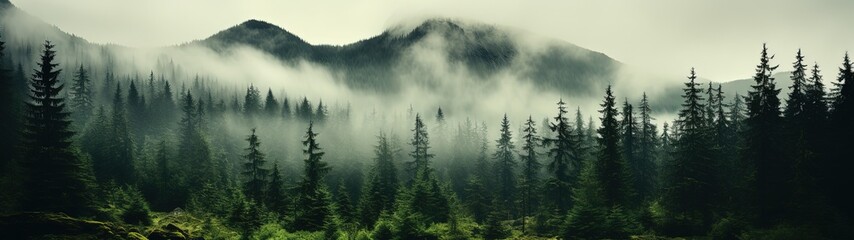 Serene Misty Evergreen Forest Panorama