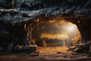 Christian Christmas scene with empty wooden manger, star of Bethlehem in cave. Birth of Jesus Christ, nativity scene background - obrazy, fototapety, plakaty