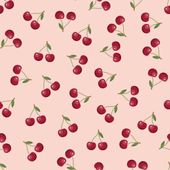 Cherry seamless pattern. Vegan organic eco fruit background. vector illustration