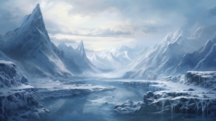  a painting of a snowy landscape with mountains and a body of water in the foreground and a cloudy sky in the background.