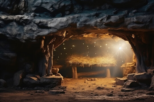 Christian Christmas scene with empty wooden manger, star of Bethlehem in cave. Birth of Jesus Christ, nativity scene background