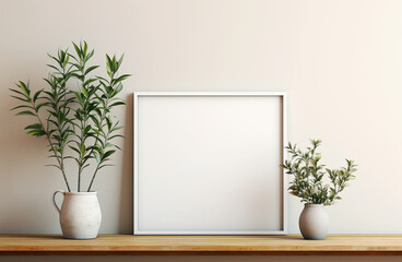 Blank mock up poster frame on wall pastel beige color, Scandinavian home interior design of modern
