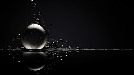  a black and white photo of a drop of water on the surface of a body of water with a black background.