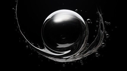  a black and white photo of water bubbles and a black background with a circular object in the middle of the image.