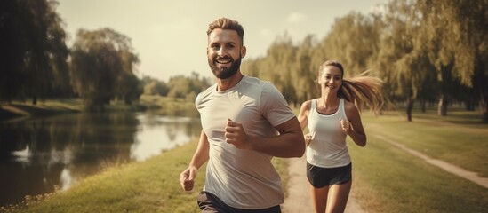 Couple running near the lake in the park city during the morning exercise. AI generated image - obrazy, fototapety, plakaty