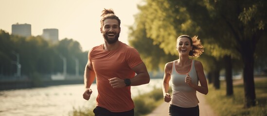 Couple running near the lake in the park city during the morning exercise. AI generated image - obrazy, fototapety, plakaty