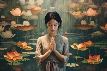 Foto op Canvas A woman meditating standing in front of a background of water lillies © Eduardo