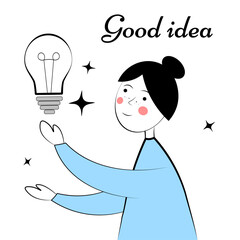 Woman with a light bulb on a white background. Good idea