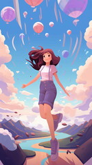 Obraz na płótnie Canvas A cartoon of a girl flying through the air with balloons flat design vector style illustration