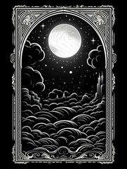 A black and white tarot card drawing of a full moon