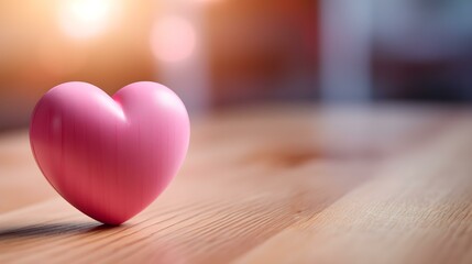 Close up of a pink Heart on a wooden Table. Blurred Background