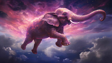 A pink elephant flying through the sky - obrazy, fototapety, plakaty