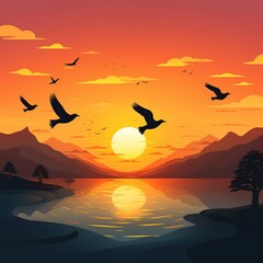 Silhouette birds migration on sunset view. AI generated image