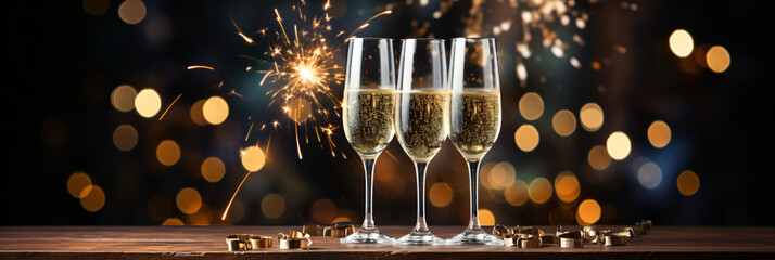 Champagne glasses on table with fireworks background