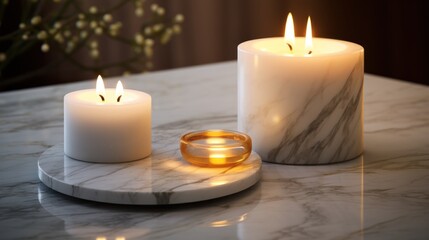 Fototapeta na wymiar a couple of white candles sitting on top of a marble counter top next to a couple of gold wedding rings.