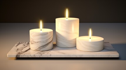  three white candles sitting on top of a marble tray with a marble tray holding a marble candle holder and a marble tray holding a marble candle holder.