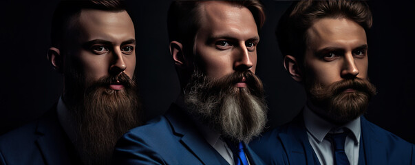 Men with various beards and moustaches showing various barbers styles on a dark background. Generative AI