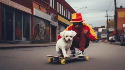 Zelfklevend Fotobehang Homme faisant du skateboard avec son caniche à Montréal  © Leopoldine