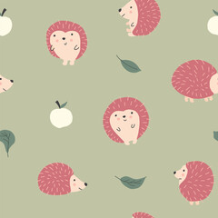 Cute Hedgehog Seamless Pattern, Cartoon animal background vector Illustration